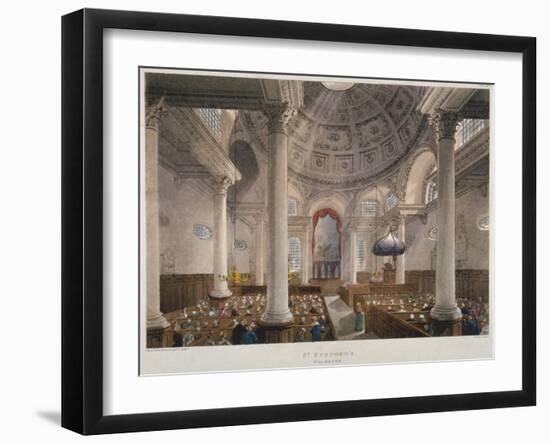 Interior of the Church of St Stephen Walbrook During a Service, City of London, 1809-Augustus Charles Pugin-Framed Giclee Print