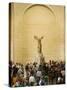 Interior of The Louvre Museum Showing Winged Victory Statue and Tourists, Paris, France-Jim Zuckerman-Stretched Canvas