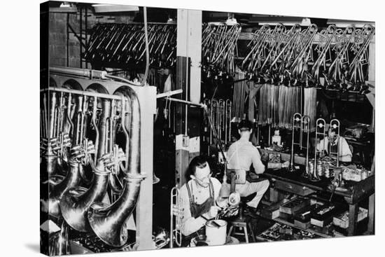 Interior View of a Brass Instrument Factory, Tubas and Trombone-Lantern Press-Stretched Canvas