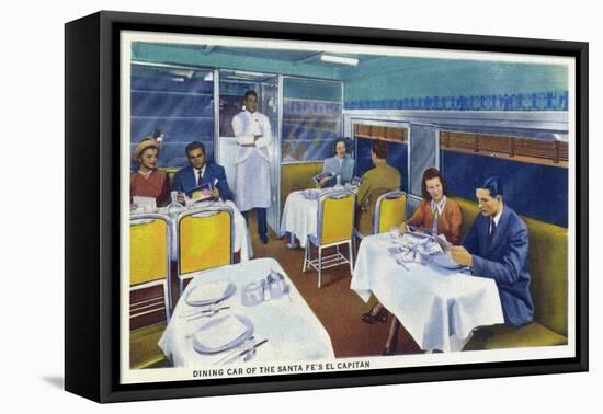 Interior View of a Santa Fe Train Dining Car-Lantern Press-Framed Stretched Canvas