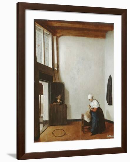 Interior with a Woman Combing a Little Girl's Hair, C.1662 (Oil on Oak Panel)-Jacobus Vrel or Frel-Framed Giclee Print