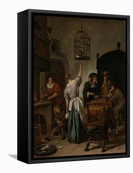 Interior with a Woman Feeding a Parrot Two Men Playing Backgammon and Other Figures, 1670-Jan Havicksz Steen-Framed Stretched Canvas