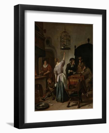 Interior with a Woman Feeding a Parrot Two Men Playing Backgammon and Other Figures, 1670-Jan Havicksz Steen-Framed Giclee Print