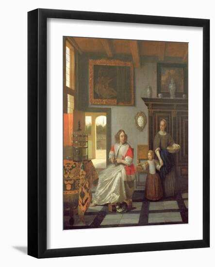 Interior with a Woman Knitting, a Serving Woman and a Child-Pieter de Hooch-Framed Giclee Print