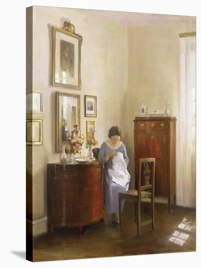 Interior with Lady Sewing, c.1910-Carl Holsoe-Stretched Canvas