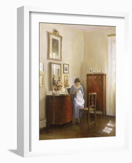 Interior with Lady Sewing, c.1910-Carl Holsoe-Framed Giclee Print