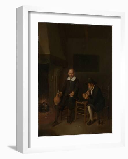 Interior with Two Men by the Fireside,-Quiringh Gerritsz van Brekelenkam-Framed Art Print