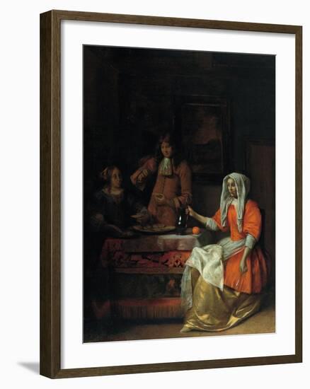 Interior with Two Women and a Man Drinking and Eating Oysters-Pieter de Hooch-Framed Giclee Print