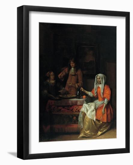 Interior with Two Women and a Man Drinking and Eating Oysters-Pieter de Hooch-Framed Giclee Print