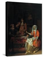 Interior with Two Women and a Man Drinking and Eating Oysters-Pieter de Hooch-Stretched Canvas