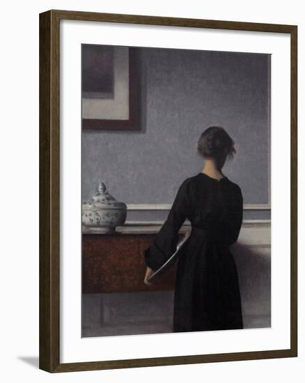 Interior with Young Woman from Behind-Vilhelm Hammershoi-Framed Giclee Print