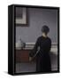 Interior with Young Woman from Behind-Vilhelm Hammershoi-Framed Stretched Canvas