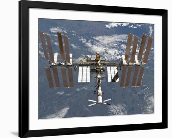 International Space Station Backgropped by a Blue and White Earth-Stocktrek Images-Framed Photographic Print