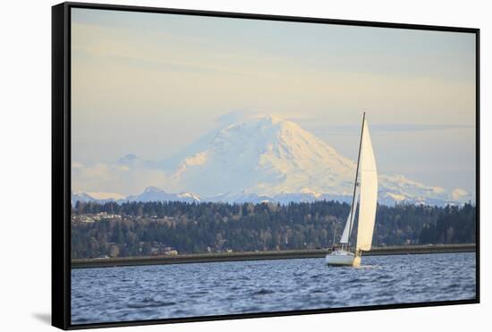 Interstate 90 Bridge with Mt. Rainier Looming Behind, Wa, USA-Stuart Westmorland-Framed Stretched Canvas