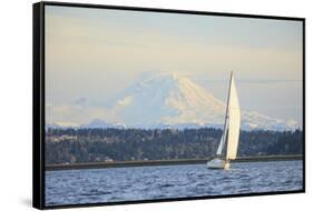 Interstate 90 Bridge with Mt. Rainier Looming Behind, Wa, USA-Stuart Westmorland-Framed Stretched Canvas