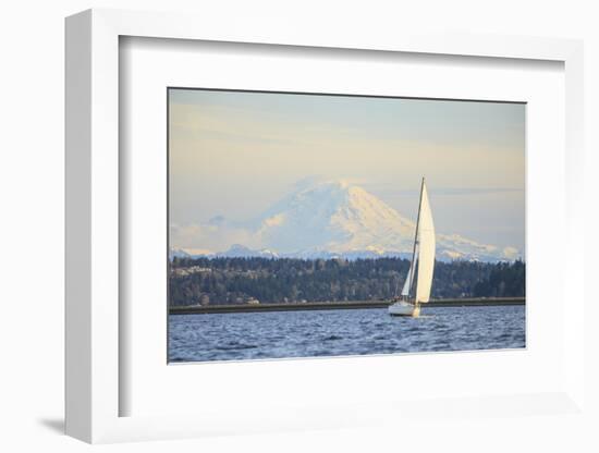 Interstate 90 Bridge with Mt. Rainier Looming Behind, Wa, USA-Stuart Westmorland-Framed Photographic Print