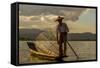 Intha Fisherman at Work. Using the Legs for Rowing. Inle Lake. Myanmar-Tom Norring-Framed Stretched Canvas