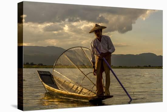 Intha Fisherman at Work. Using the Legs for Rowing. Inle Lake. Myanmar-Tom Norring-Stretched Canvas