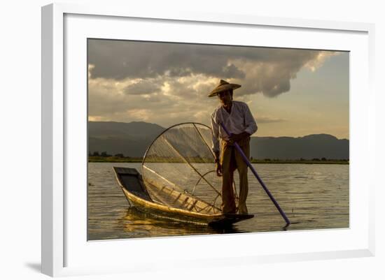 Intha Fisherman at Work. Using the Legs for Rowing. Inle Lake. Myanmar-Tom Norring-Framed Photographic Print