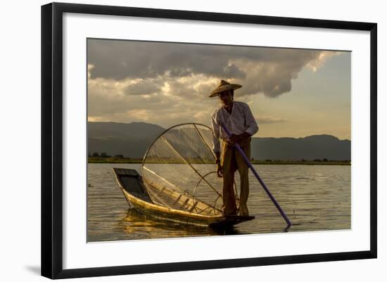 Intha Fisherman at Work. Using the Legs for Rowing. Inle Lake. Myanmar-Tom Norring-Framed Photographic Print