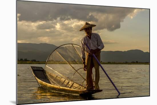 Intha Fisherman at Work. Using the Legs for Rowing. Inle Lake. Myanmar-Tom Norring-Mounted Photographic Print