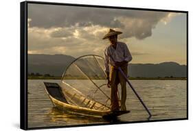 Intha Fisherman at Work. Using the Legs for Rowing. Inle Lake. Myanmar-Tom Norring-Framed Stretched Canvas