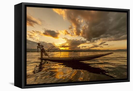 Intha Fisherman at Work. Using the Legs for Rowing. Inle Lake. Myanmar-Tom Norring-Framed Stretched Canvas