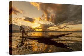 Intha Fisherman at Work. Using the Legs for Rowing. Inle Lake. Myanmar-Tom Norring-Stretched Canvas