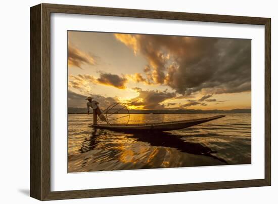 Intha Fisherman at Work. Using the Legs for Rowing. Inle Lake. Myanmar-Tom Norring-Framed Photographic Print