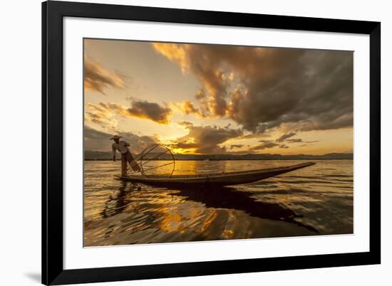 Intha Fisherman at Work. Using the Legs for Rowing. Inle Lake. Myanmar-Tom Norring-Framed Photographic Print