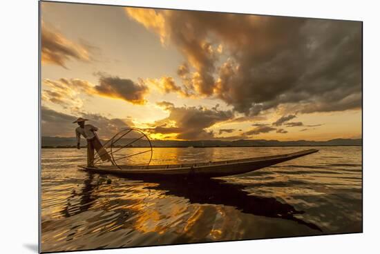 Intha Fisherman at Work. Using the Legs for Rowing. Inle Lake. Myanmar-Tom Norring-Mounted Photographic Print