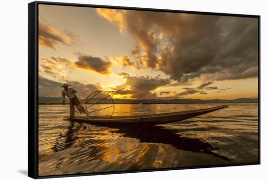 Intha Fisherman at Work. Using the Legs for Rowing. Inle Lake. Myanmar-Tom Norring-Framed Stretched Canvas