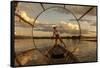 Intha Fisherman at Work. Using the Legs for Rowing. Inle Lake. Myanmar-Tom Norring-Framed Stretched Canvas