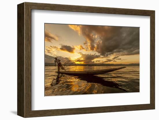 Intha Fisherman at Work. Using the Legs for Rowing. Inle Lake. Myanmar-Tom Norring-Framed Photographic Print