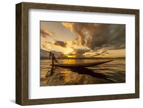 Intha Fisherman at Work. Using the Legs for Rowing. Inle Lake. Myanmar-Tom Norring-Framed Photographic Print