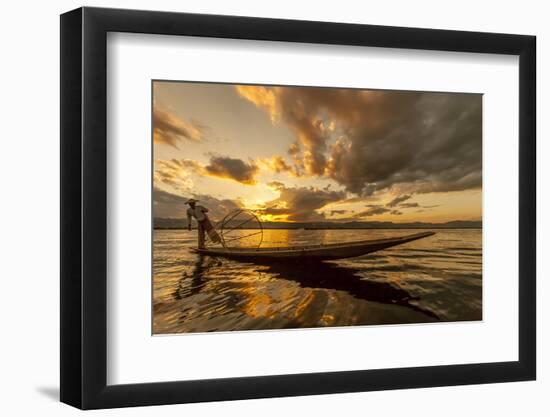 Intha Fisherman at Work. Using the Legs for Rowing. Inle Lake. Myanmar-Tom Norring-Framed Photographic Print