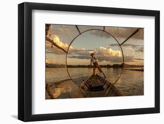 Intha Fisherman at Work. Using the Legs for Rowing. Inle Lake. Myanmar-Tom Norring-Framed Photographic Print