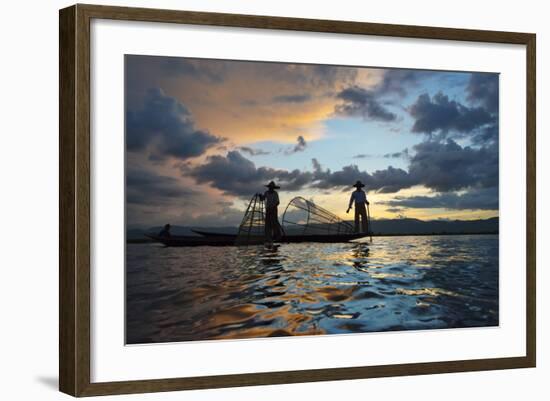 Intha Fisherman Rowing at Sunset on Inle Lake, Shan State, Myanmar-Keren Su-Framed Photographic Print