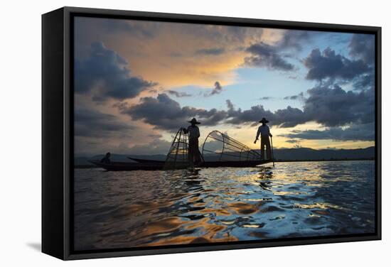 Intha Fisherman Rowing at Sunset on Inle Lake, Shan State, Myanmar-Keren Su-Framed Stretched Canvas