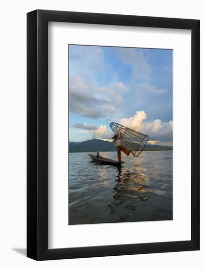 Intha Fisherman Rowing at Sunset on Inle Lake, Shan State, Myanmar-Keren Su-Framed Photographic Print