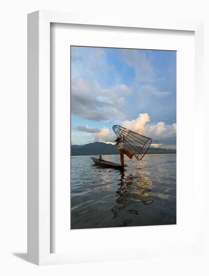 Intha Fisherman Rowing at Sunset on Inle Lake, Shan State, Myanmar-Keren Su-Framed Photographic Print