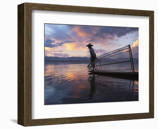 Intha Fisherman Rowing Boat with Fishing Net on Inle Lake, Myanmar, Asia-Keren Su-Framed Photographic Print