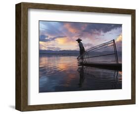 Intha Fisherman Rowing Boat with Fishing Net on Inle Lake, Myanmar, Asia-Keren Su-Framed Photographic Print