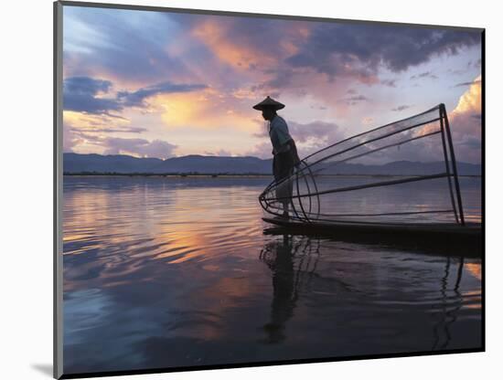 Intha Fisherman Rowing Boat with Fishing Net on Inle Lake, Myanmar, Asia-Keren Su-Mounted Photographic Print