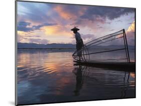 Intha Fisherman Rowing Boat with Fishing Net on Inle Lake, Myanmar, Asia-Keren Su-Mounted Photographic Print