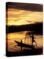 Intha Fisherman Rowing Boat With Legs at Sunset, Myanmar-Keren Su-Stretched Canvas