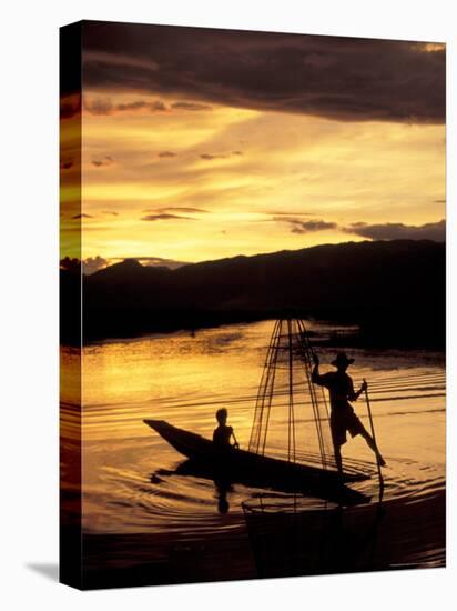 Intha Fisherman Rowing Boat With Legs at Sunset, Myanmar-Keren Su-Stretched Canvas