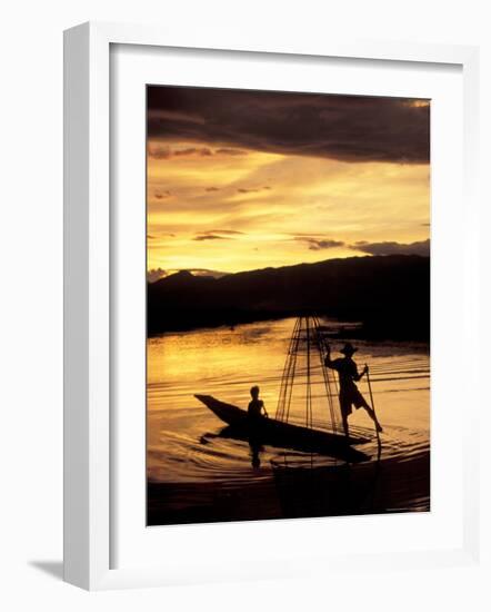 Intha Fisherman Rowing Boat With Legs at Sunset, Myanmar-Keren Su-Framed Photographic Print