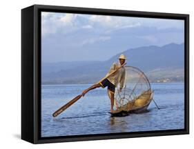 Intha Fisherman with a Traditional Fish Trap, Using Leg-Rowing Technique, Lake Inle, Myanmar-Nigel Pavitt-Framed Stretched Canvas