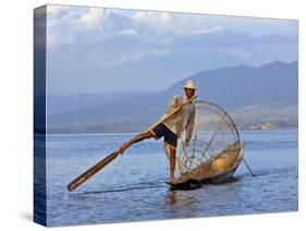Intha Fisherman with a Traditional Fish Trap, Using Leg-Rowing Technique, Lake Inle, Myanmar-Nigel Pavitt-Stretched Canvas